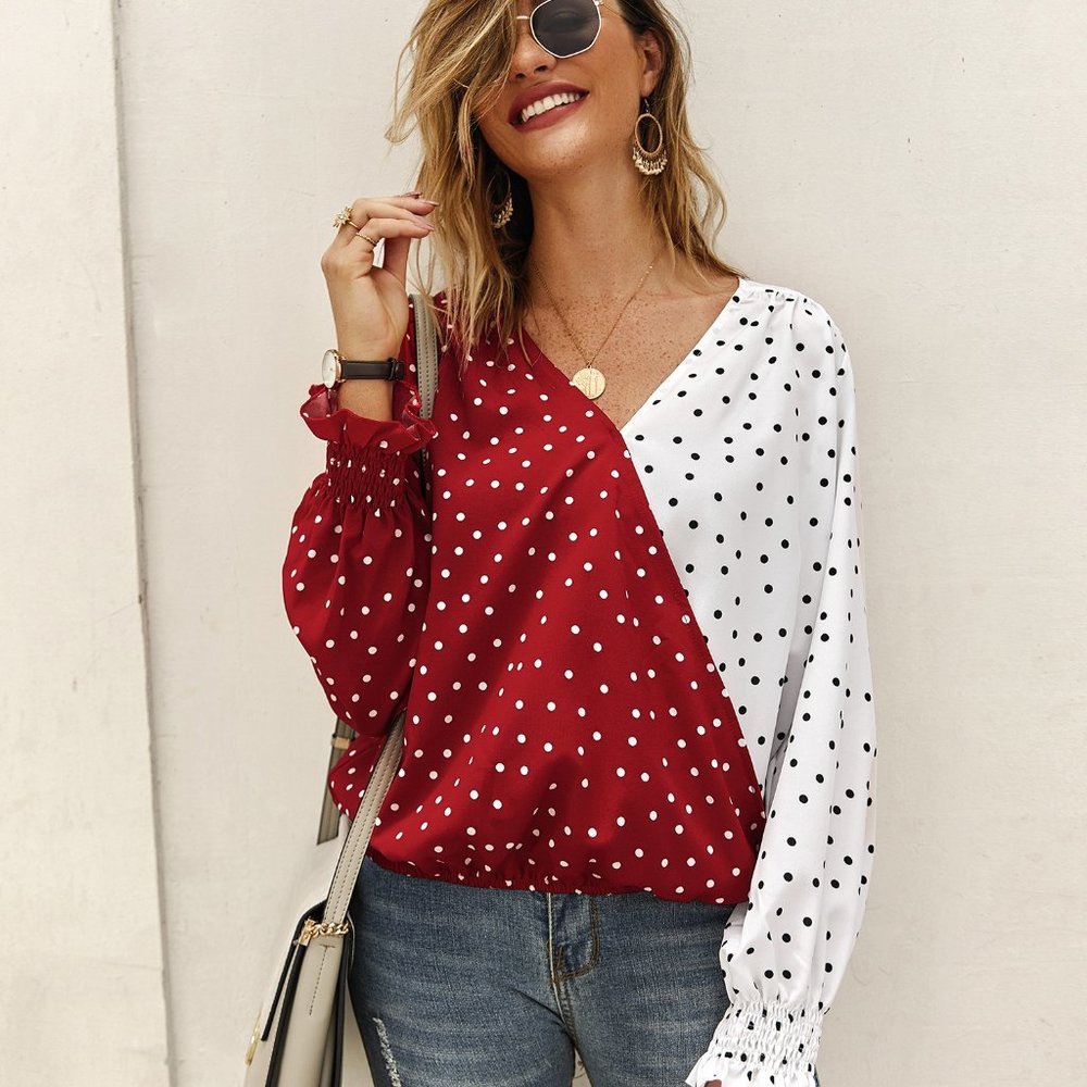 Patchwork Polka Dot Long Sleeve Casual Shirt